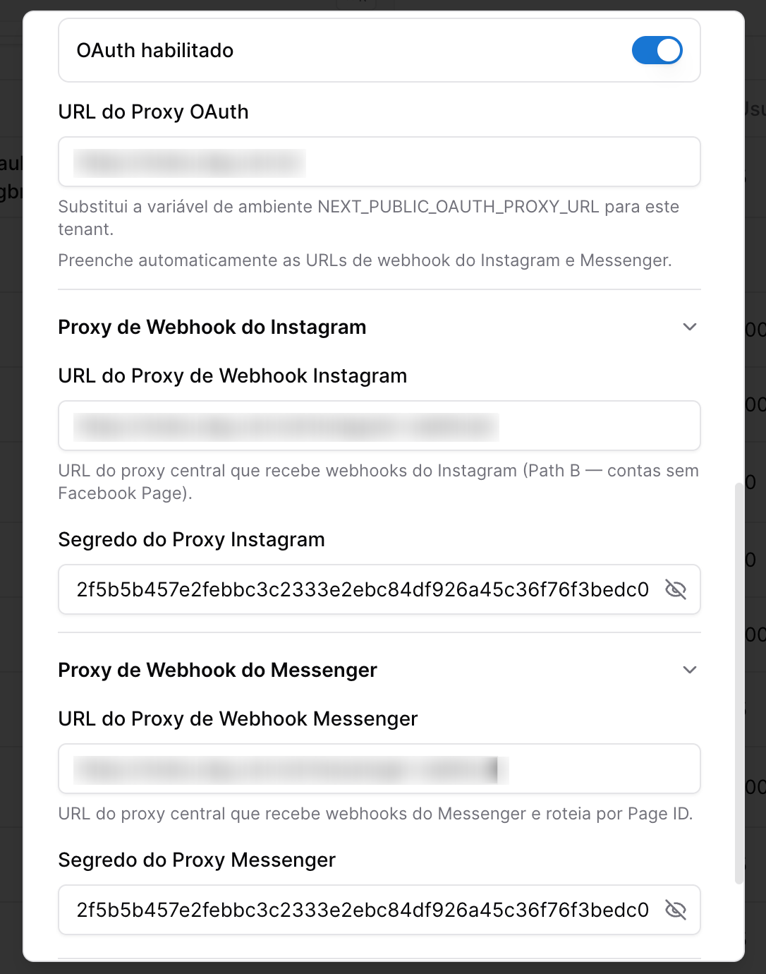 HORION - tela de configuração do Tenant - oauth instagram e facebook messenger