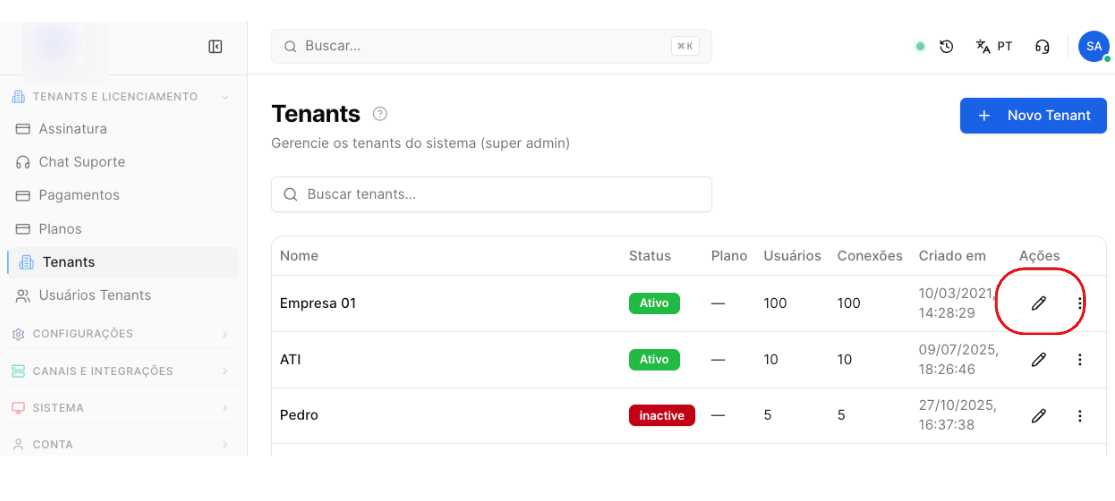 HORION - tela de gestão de Tenants - como editar tenant