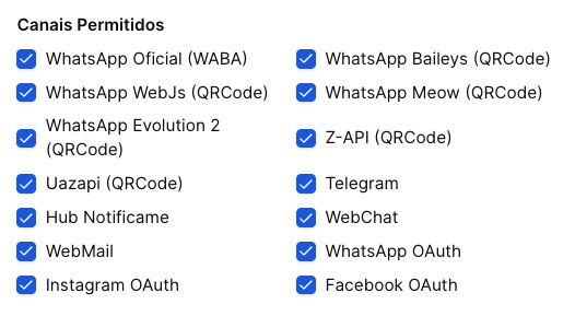 HORION - tela de configuração do Tenant - canais liberados